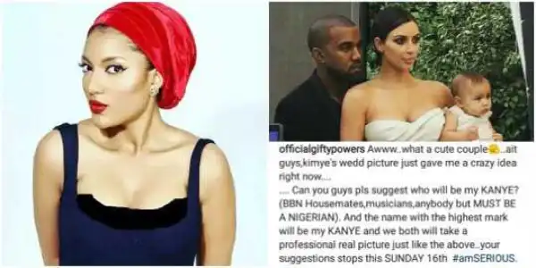 #BBNaija: Gifty asks fans to suggest housemate/musician that will become her Kanye